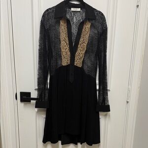 Sandro Black and Tan Lace Long Sleeve Dress
